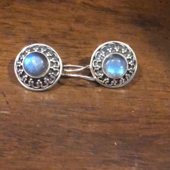 VINTAGE Blue Moonstone Cabochon Sterling Silver Oxidized Earrings - Picture 4 of 10